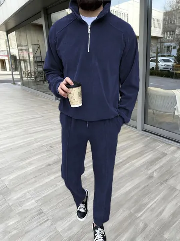 Men's Casual Stand Collar Half Zipper Sweatshirt Top And Bottom Sweatpants Set Solid Color Ribbed Polyester Sportswear