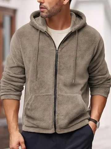 Men Casual Polar Fleece Hoodie Jacket Warm Solid Color Hooded Full Zipper Top For Autumn Winter Outdoor Sports Sweatshirt