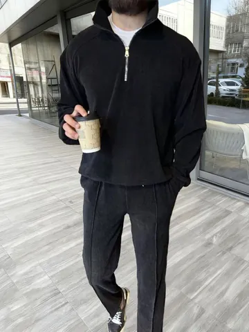 Men's Casual Stand Collar Half Zipper Sweatshirt Top And Bottom Sweatpants Set Solid Color Ribbed Polyester Sportswear