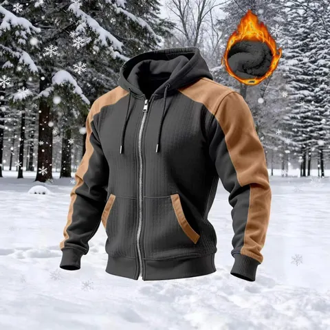 Men's Winter Color Block Fleece Hooded Jacket Thick Warm Full Zip Outerwear Hooded Sweatshirt Casual Daily Fleece Top