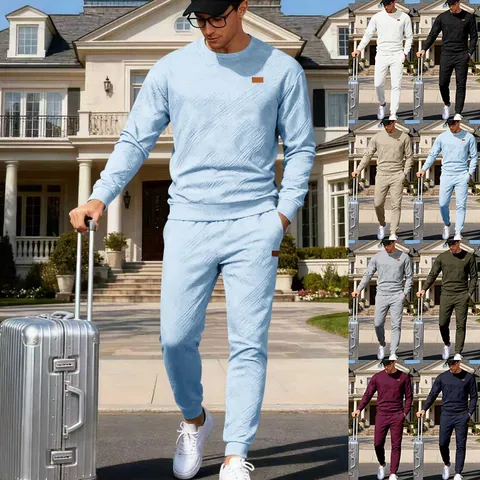 Men's Jacquard Knit Tracksuit Top And Bottom Sporty Casual Round Neck Pullover And Sweatpants Two Piece Set For Men