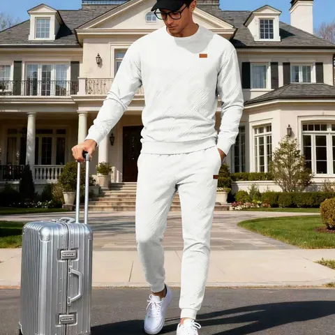 Men's Casual Crewneck Sweatshirt And Joggers 2 Piece Outfit Textured Jacquard Long Sleeve Top And Bottom Sporty Tracksuit