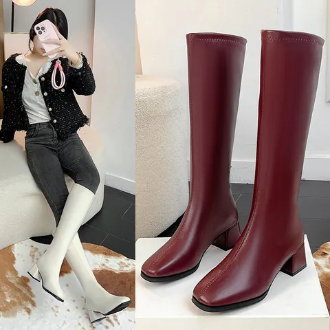 Women Square Toe Chunky Heel Knight Boots Fashion Solid Color Microfiber Leather Tall Boots For Spring Autumn Daily Wear