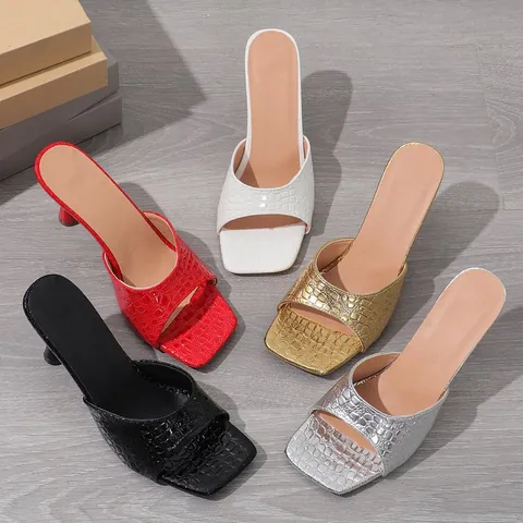 Women Square Toe Stone Pattern Stiletto High Heel Mule Sandals PU Leather Embossed Single Strap Party Dress Shoes
