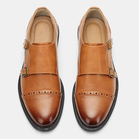 Scarpe Formale Uomo Doppia Fibbia Monk Vintage Brogue Intaglio Pelle Sintetica Basso Scarpe Casual Suola in Gomma