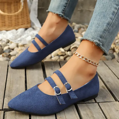 Chaussures Mary Jane à Bout Pointu Pour Femmes Avec Double Boucle Mocassins Plats Vintage En Daim Chaussures Décontractées