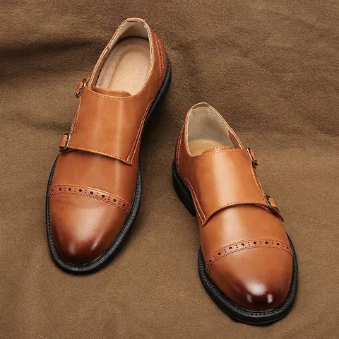 Scarpe Formale Uomo Doppia Fibbia Monk Vintage Brogue Intaglio Pelle Sintetica Basso Scarpe Casual Suola in Gomma