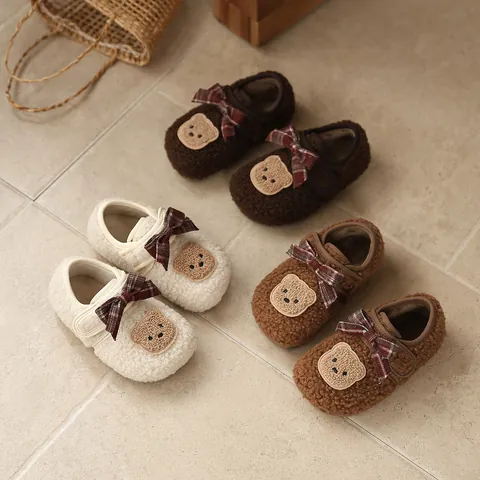 Baby Mädchen Cartoon Bär Flauschige Winterschuhe Fleece-gefüttert Karierte Schleife Kleinkind Warme Baumwollschuhe Rutschfeste Gummisohle Freizeit Kinderstiefel