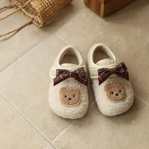 Baby Mädchen Cartoon Bär Flauschige Winterschuhe Fleece-gefüttert Karierte Schleife Kleinkind Warme Baumwollschuhe Rutschfeste Gummisohle Freizeit Kinderstiefel