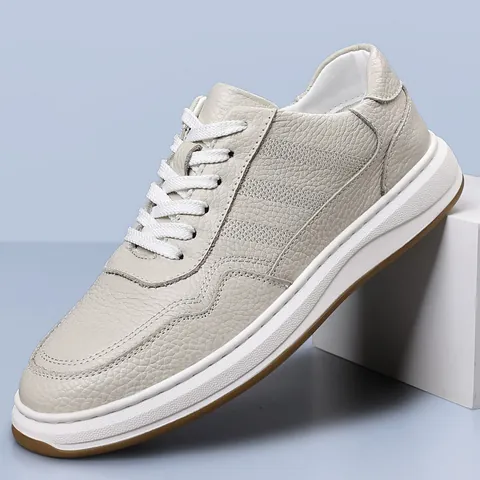 Zapatillas de Skate Casuales de Cuero de Vaca para Hombre Sneakers Retro de Moda Blanco Roto Gris