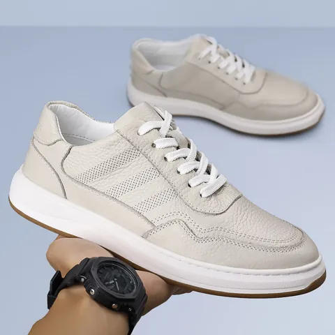 Zapatillas de Skate Casuales de Cuero de Vaca para Hombre Sneakers Retro de Moda Blanco Roto Gris