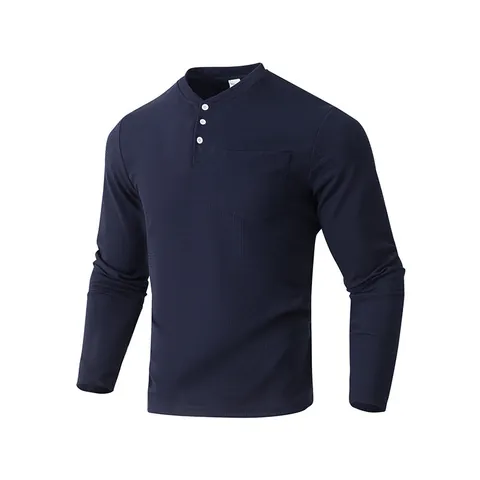 Men's Casual Long Sleeve Henley Shirt Waffle Knit Chemical Fiber Blend Button Up Top With Chest Pocket Solid Color Clothing