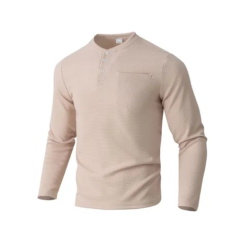 Men's Casual Long Sleeve Henley Shirt Waffle Knit Chemical Fiber Blend Button Up Top With Chest Pocket Solid Color Clothing