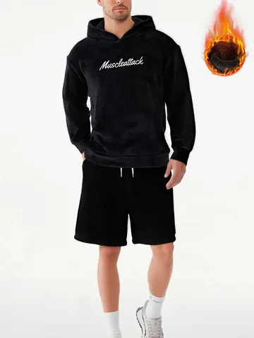 Men Fleece Hoodie And Shorts Set Winter Solid Embroidered Letter Hooded Sweatshirt Two Piece Outfit Top And Bottom