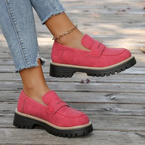 Women British Style Platform Loafers Microfiber Frosted Round Toe Casual Slip On Shoes Mid-Heel Non Slip Rubber Sole Flat Shoes