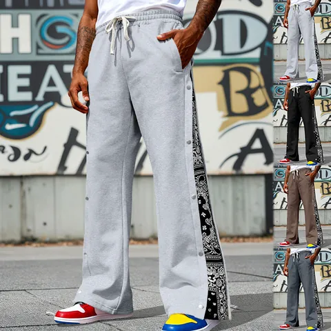 Men Heavyweight American Hip Hop Straight Paisley Side Snap Button Casual Pants Retro Patchwork Streetwear Sweatpants Bottom