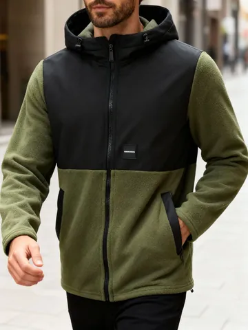 Men Casual Color Block Polar Fleece Hoodie Jacket Zipper Cardigan Warm Winter Outerwear Top With Letter Embroidery For Outdoor