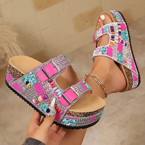 Sandales à Plateforme Strass Bohème pour Femmes Mules en Liège à Double Boucle Chaussures de Plage d'Été Grande Taille
