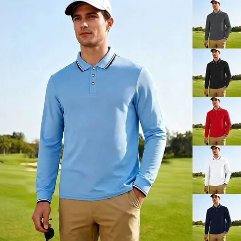 Heren Amerikaanse Herfst Casual Jacquard Poloshirt Lange Mouw Ademend Sneldrogend Golf Top Effen Kleur Contraststreep Polo