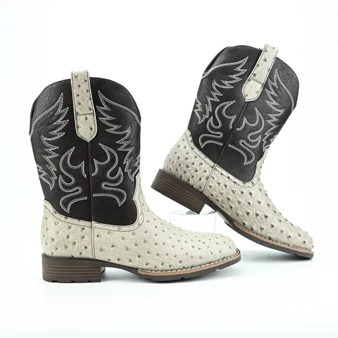 Men Retro Western Cowboy Boots Faux Ostrich Leather Embroidered Square Toe Mid Heel High Tube Knight Boots