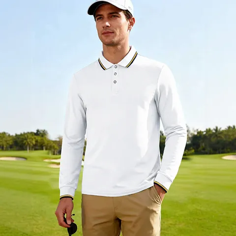 Heren Amerikaanse Herfst Casual Jacquard Poloshirt Lange Mouw Ademend Sneldrogend Golf Top Effen Kleur Contraststreep Polo