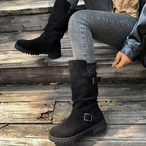 Women Mid-Calf Slouch Boots Faux Suede Buckle Decor Knit Collar Western Martin Boots Chunky Heel Winter Warm Shoes