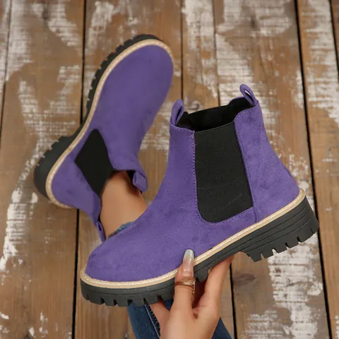 Dames Chelsea Boots Suède Ronde Neus Mid-Top Martin Boots Blokhak Antislip Dikke Zool Enkellaarsjes