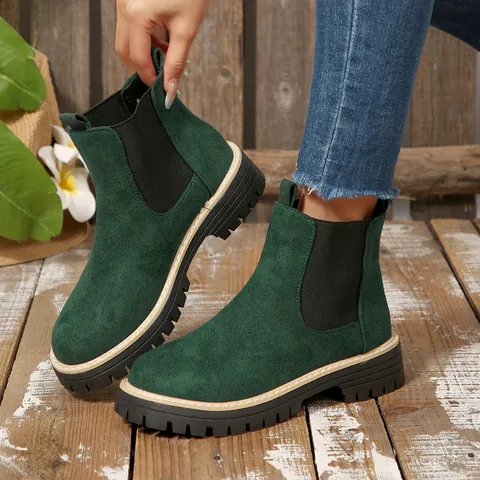 Dames Chelsea Boots Suède Ronde Neus Mid-Top Martin Boots Blokhak Antislip Dikke Zool Enkellaarsjes