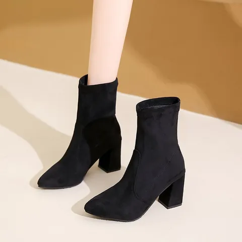 Women's Pointed Toe Chunky High Heel Ankle Boots Fashion Suede Slip On Sock Boots Autumn Winter Casual Mid Calf Dress Shoes