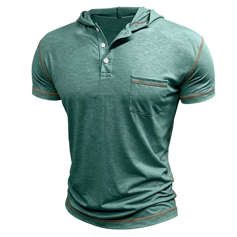 Heren Casual Henley T-shirt met Korte Mouwen en Capuchon Polyester Contraststiksel Ruime Pasvorm Zomer Basic Top met Zak