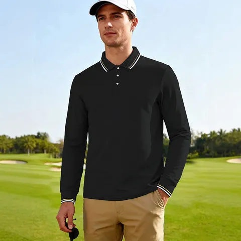 Heren Amerikaanse Stijl Losjes Lange Mouw Poloshirt Sneldrogend Ademend Jacquard Piqué Golf Casual Top