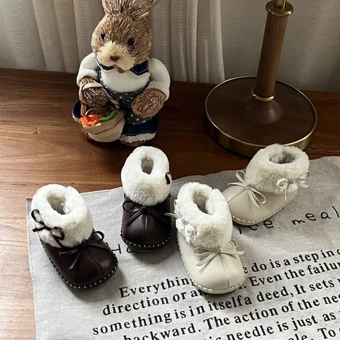 Winter Baby Mädchen Schneestiefel Weiche Sohle Warm Gefütterte Lauflernschuhe Mit Schleife Kunstfellbesatz Säugling Stiefel