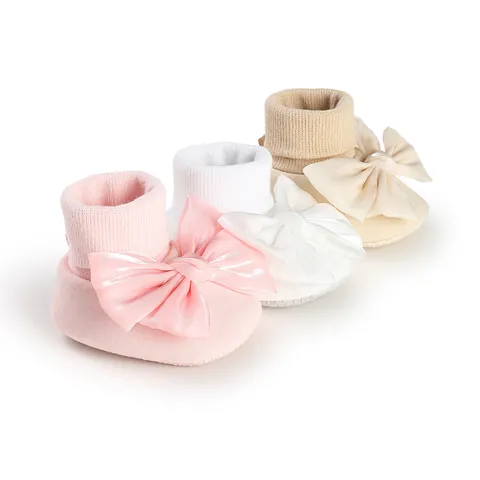 Infant Baby Girls Anti-slip Floor Socks With Large Satin Bow Soft Cotton Breathable Prewalker Shoes For Toddler Indoor Walking