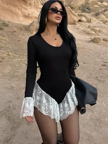 Women Slim Fit Polyester Lace Bodysuit Western Round Neck Long Sleeve Patchwork Sexy Color Block Bodysuit Top and Bottom