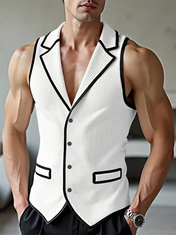 Men Slim Fit Corduroy Vest Contrast Piping Suit Collar Performance Sleeveless Blazer Waistcoat Performance Wedding Party Banquet Vest Top
