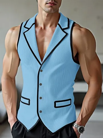 Men Slim Fit Corduroy Vest Contrast Piping Suit Collar Performance Sleeveless Blazer Waistcoat Performance Wedding Party Banquet Vest Top