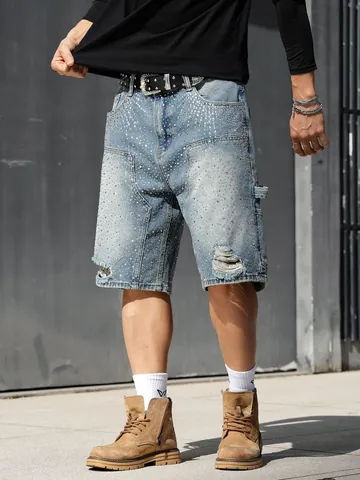 Men Rhinestone Carpenter Denim Shorts Distressed Ripped Loose Straight Washed Cotton Jeans Shorts Hip Hop Streetwear Shorts