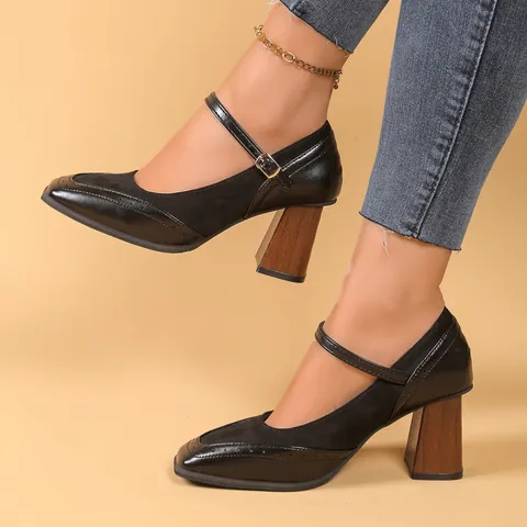 Zapatos Mary Jane de Tacón Alto Retro Francés para Mujer Patchwork Punta Cuadrada con Correa de Hebilla y Detalles Brogue