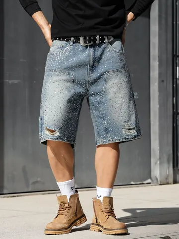 Men Rhinestone Carpenter Denim Shorts Distressed Ripped Loose Straight Washed Cotton Jeans Shorts Hip Hop Streetwear Shorts