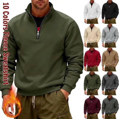 Men's Heavyweight Fleece Hoodie Half-Zip Stand Collar American Casual Loose Solid Winter Warm Sweatshirt Pullover Top