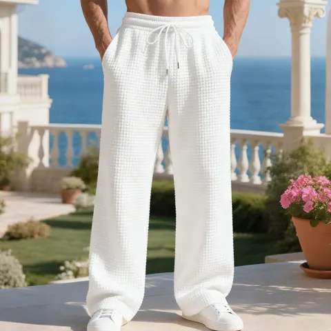 Herren Schwere Jacquard Freizeithose Amerikanisch Locker Gerade Bein Waffelstruktur Hose Mittlere Taille Kordelzug Mode Unterteile