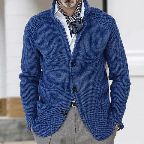Ανδρική Casual Πλεκτή Ζακέτα Βάφλα Slim Fit Ψηλός Λαιμός Μονόπετο Πλεκτό Πουλόβερ για Φθινόπωρο Χειμώνα Business Casual