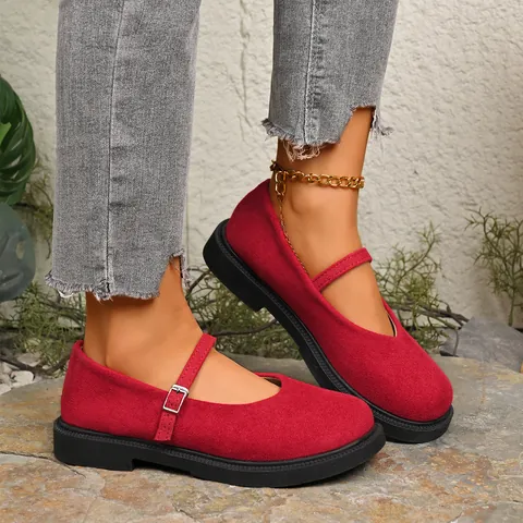 French Style Women Suede Mary Jane Shoes Round Toe Buckle Strap Low Heel Casual Ballet Flats Soft Elegant Office Party Daily Single Shoes