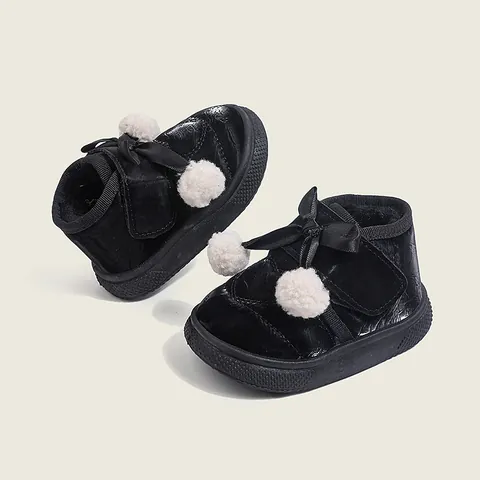 Botas de Nieve de Invierno para Niñas Pequeñas Cuero Sintético Forro de Peluche Cálido Decoración de Pompon y Lazo Zapatos