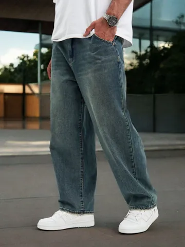 Jeans da Uomo Vintage Lavati Larghi a Gamba Dritta Pantaloni in Denim Retro Casual a Vita Media Blu Chiaro Nero Grigio
