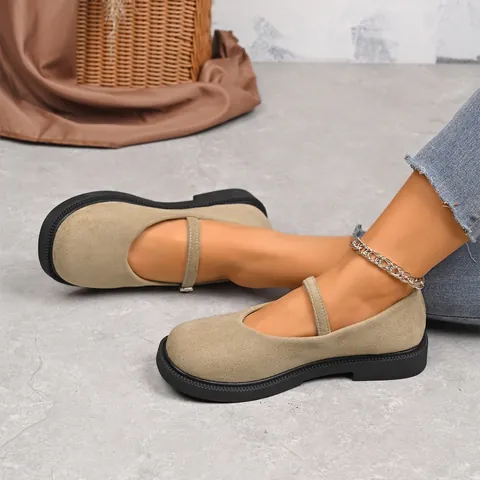 French Style Women Suede Mary Jane Shoes Round Toe Buckle Strap Low Heel Casual Ballet Flats Soft Elegant Office Party Daily Single Shoes