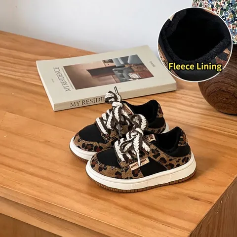 Baskets pour Enfants Imprimé Léopard en Cuir Microfibre Automne Hiver Doublure Peluche Chaussures Décontractées pour Garçons et Filles