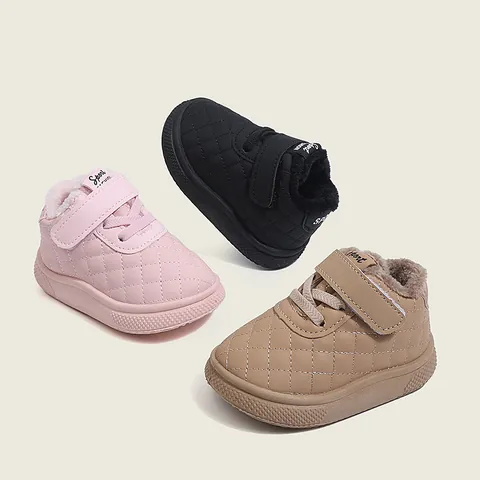 Toddler Baby Prewalker Shoes Quilted High Top Fleece Lined Warm Winter Sneakers Soft Sole Non-slip Kids Bread Shoes
