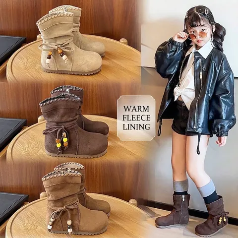 Stivali Invernali da Bambina in Camoscio Stile Coreano con Perline Caldi Foderati in Pile Stivali alla Moda Principessa per Bambini Metà Polpaccio
