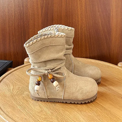 Stivali Invernali da Bambina in Camoscio Stile Coreano con Perline Caldi Foderati in Pile Stivali alla Moda Principessa per Bambini Metà Polpaccio